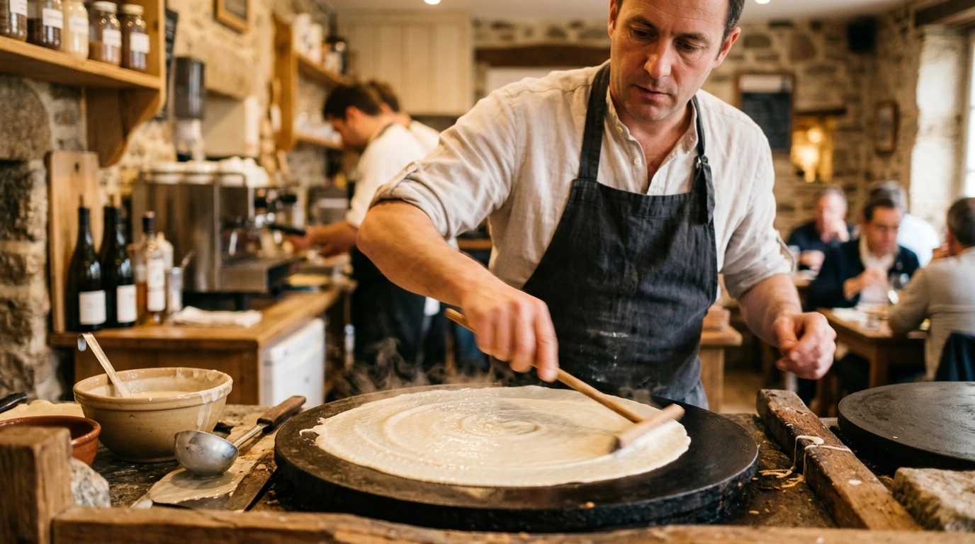 Crêpier préparant une crêpe sur une billig